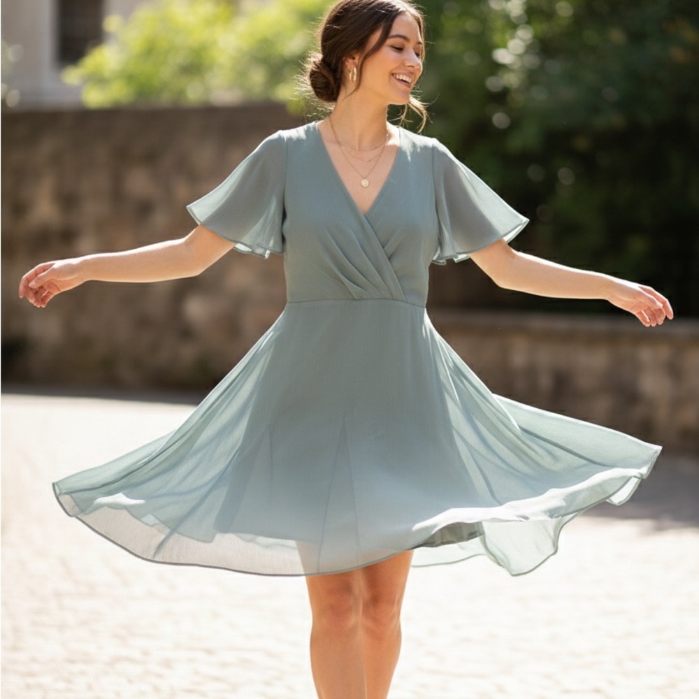 Ralph Lauren Sage Blue Chiffon Flutter Sleeve Wrap Dress size 6 wedding guest